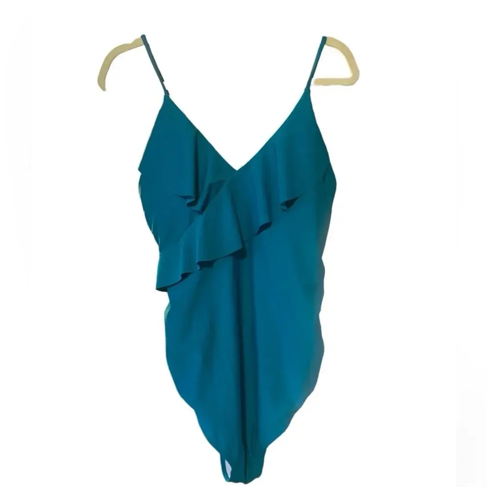 Maternity Swimsuit Women's Size 2XL One Piece Ruffle Swim Deep V Neck in Green